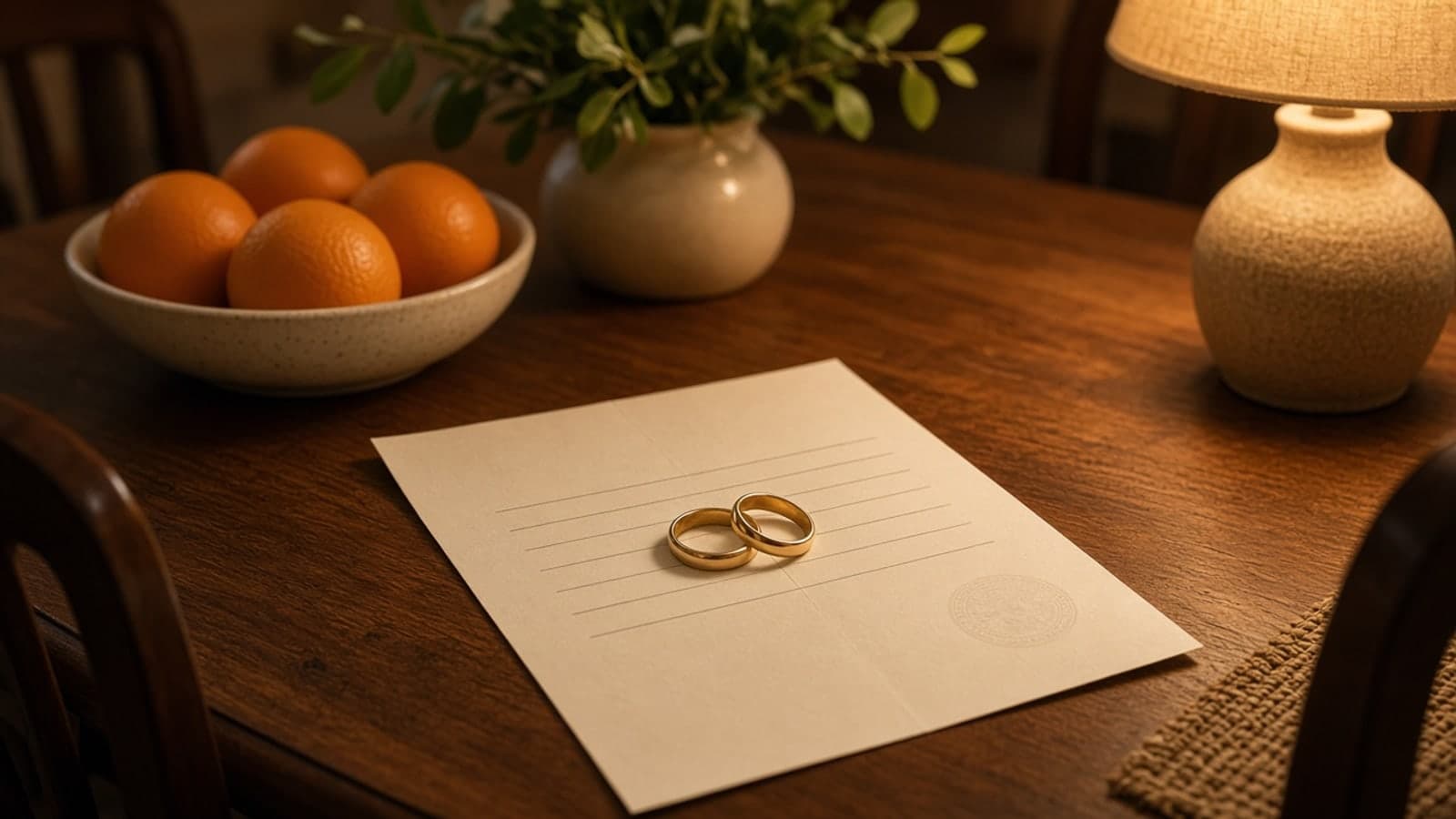 Two gold wedding bands on a blank deed on a dining table in warm lamp light