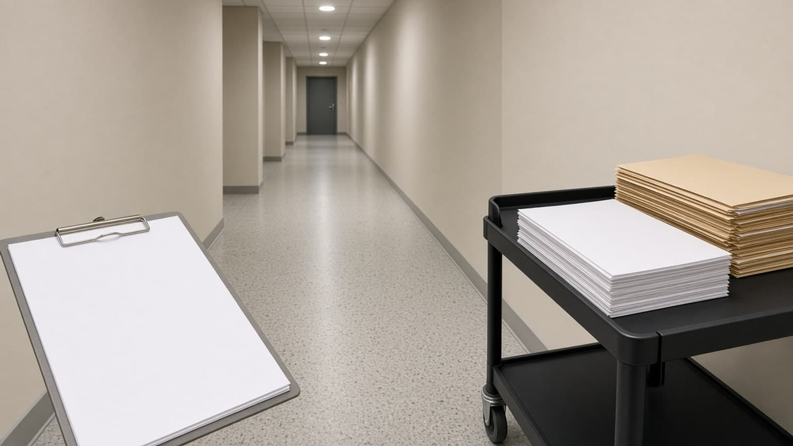 Office hallway with a short cash file on a clipboard and a thick lender package on a rolling cart