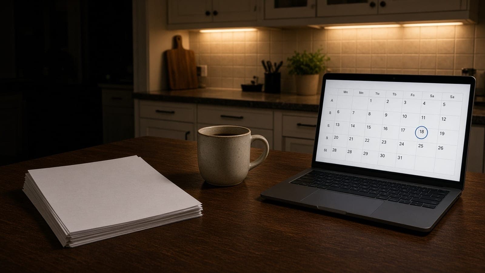 Kitchen table at night with a closing packet, coffee mug, and a laptop calendar with a date circled