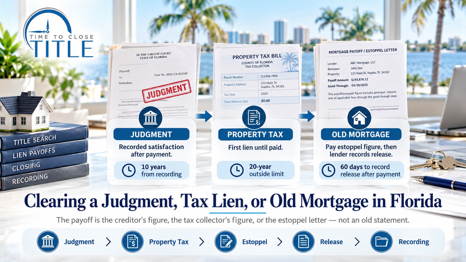 Desk graphic of a recorded judgment, a property tax bill, and a mortgage estoppel letter