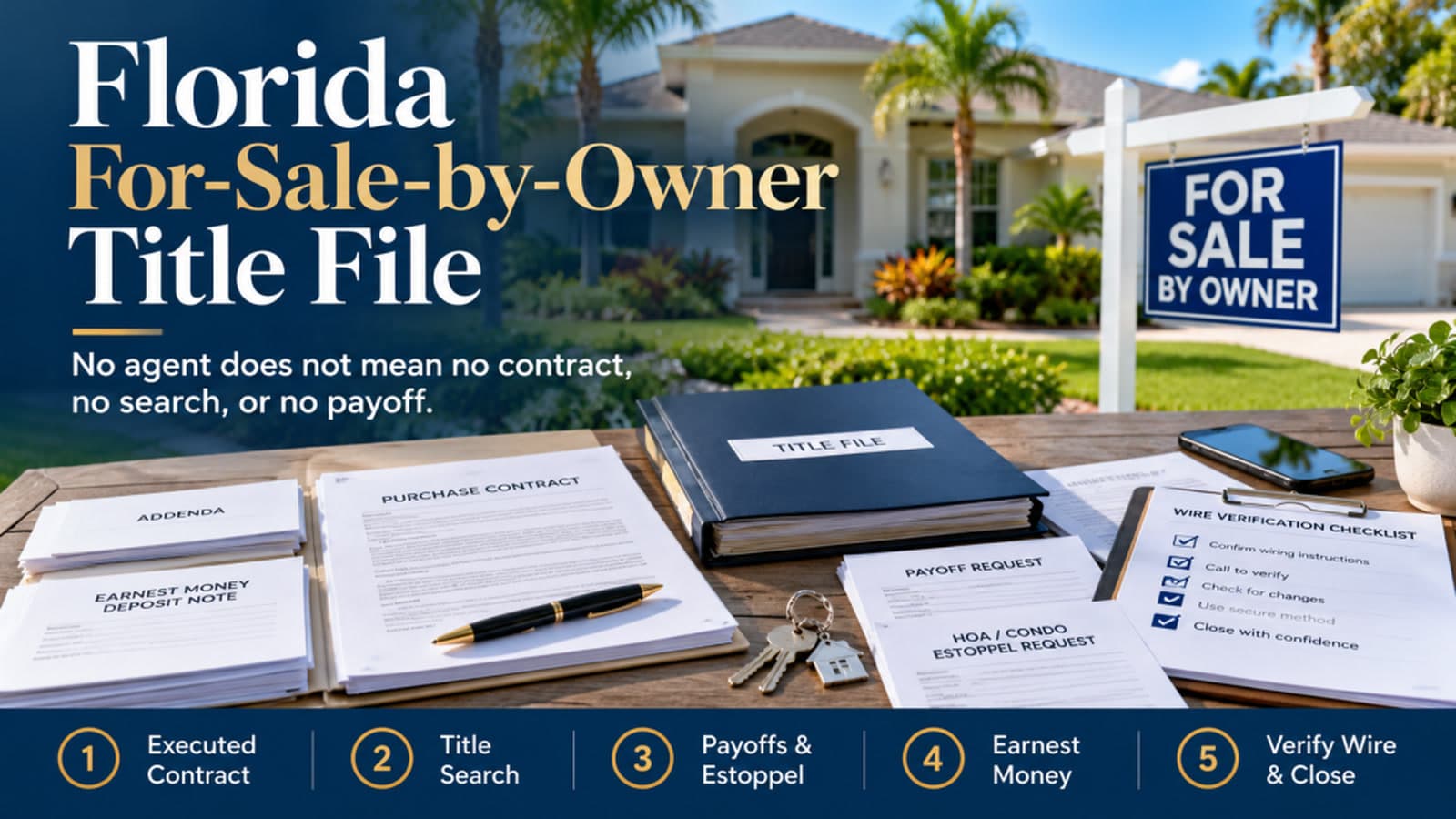 Desk graphic of a Florida for-sale-by-owner title file, with the purchase contract, payoff and estoppel papers, and a five-step closing path.