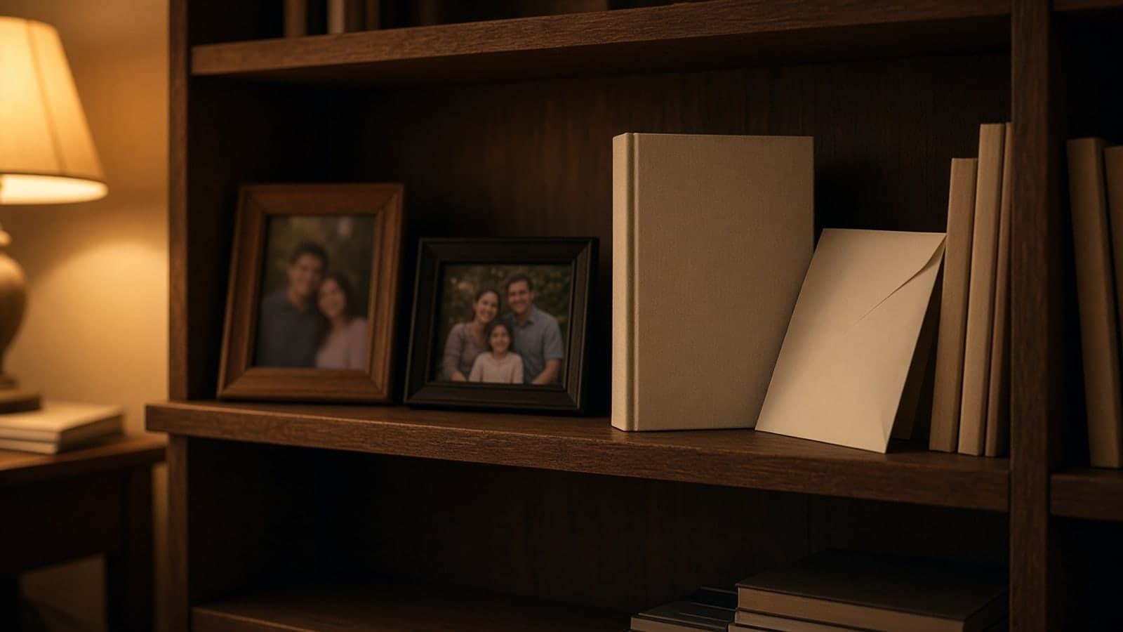 Evening living-room bookshelf with a closed binder, cream envelope, and framed family photos