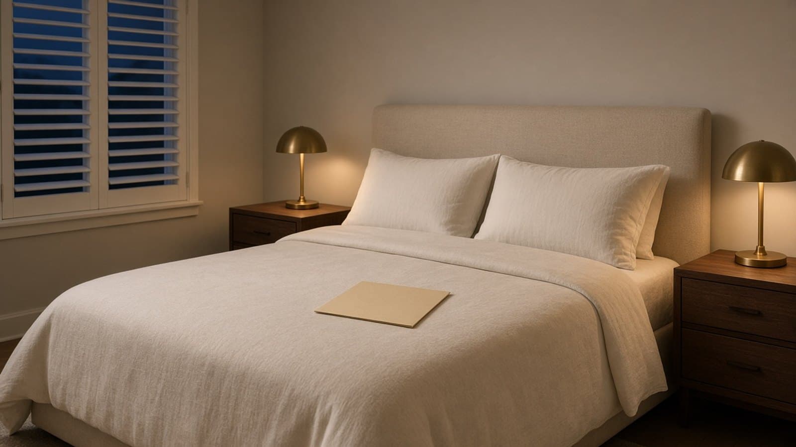 Dusk bedroom with two lit nightstand lamps and a closed folder on the bed