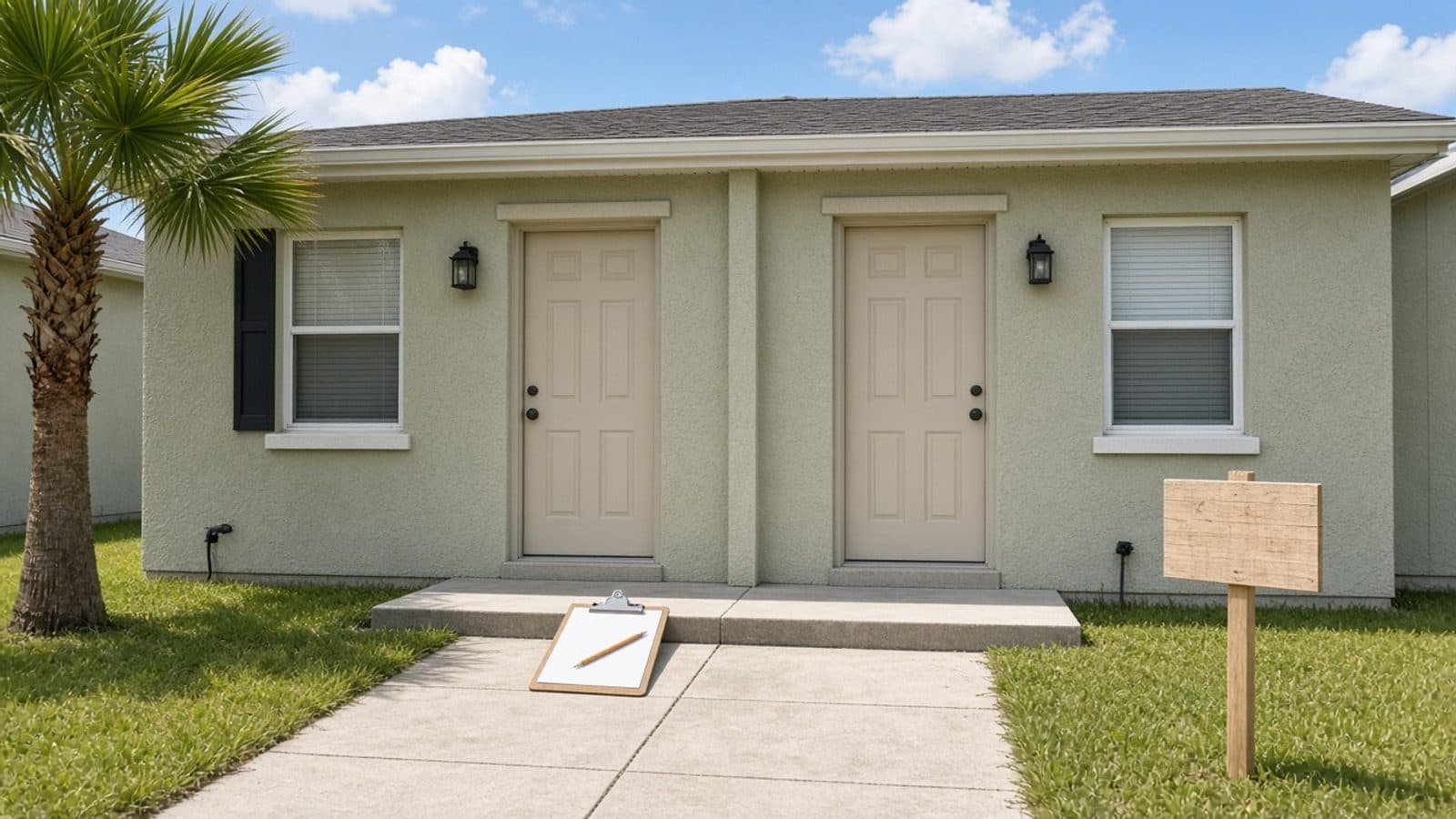 Midday Florida duplex with a blank clipboard on the walk and the back of a wooden sign in the grass