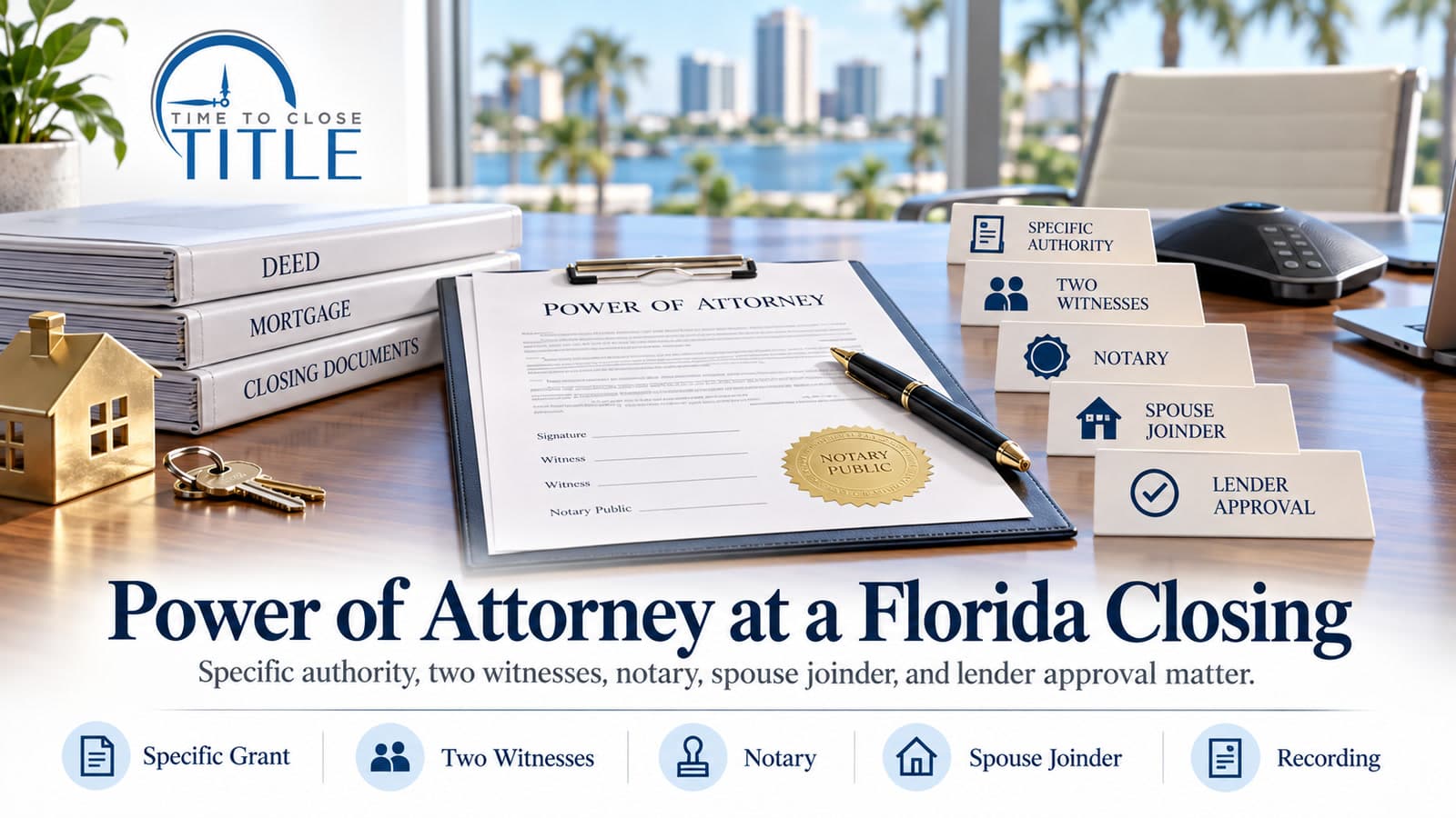 Time to Close Title graphic for a Florida power of attorney closing, with specific authority, two witnesses, a notary, spouse joinder, and lender approval