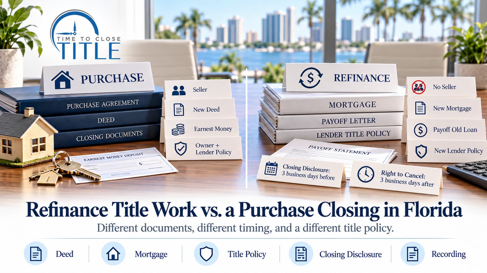 Time to Close Title graphic comparing a Florida purchase closing with a refinance, including the deed, the new mortgage, the title policy, and the two three-day clocks
