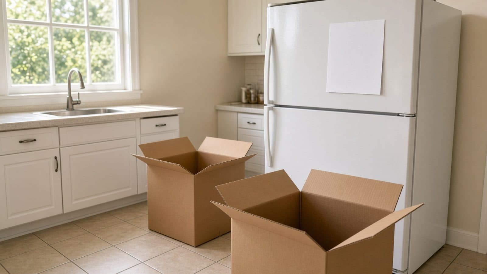 Morning Florida kitchen with open moving boxes and a blank sheet taped to the refrigerator