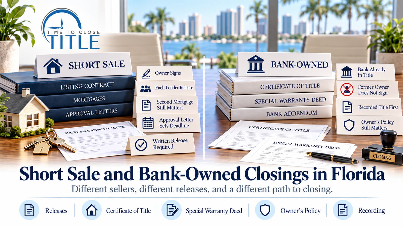 Time to Close Title graphic comparing a Florida short sale with a bank-owned closing, including each lender release, the certificate of title, and the owner's policy