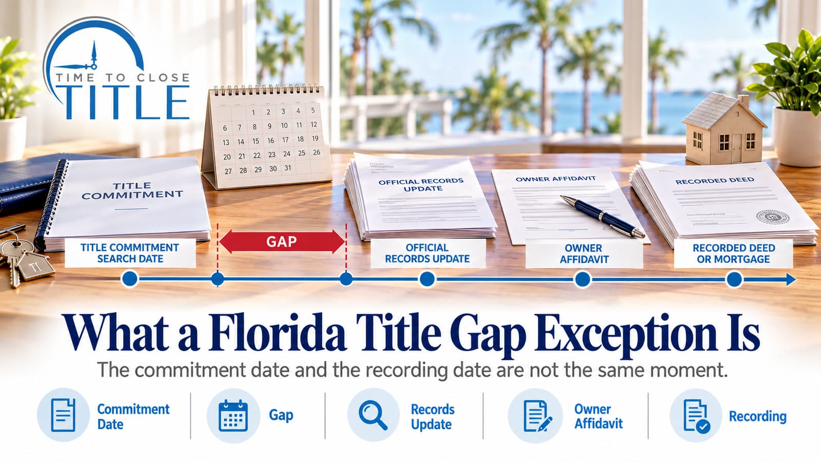 Time to Close Title graphic showing the Florida title gap from the commitment search date through the Official Records update, the owner affidavit, and the recorded deed or mortgage