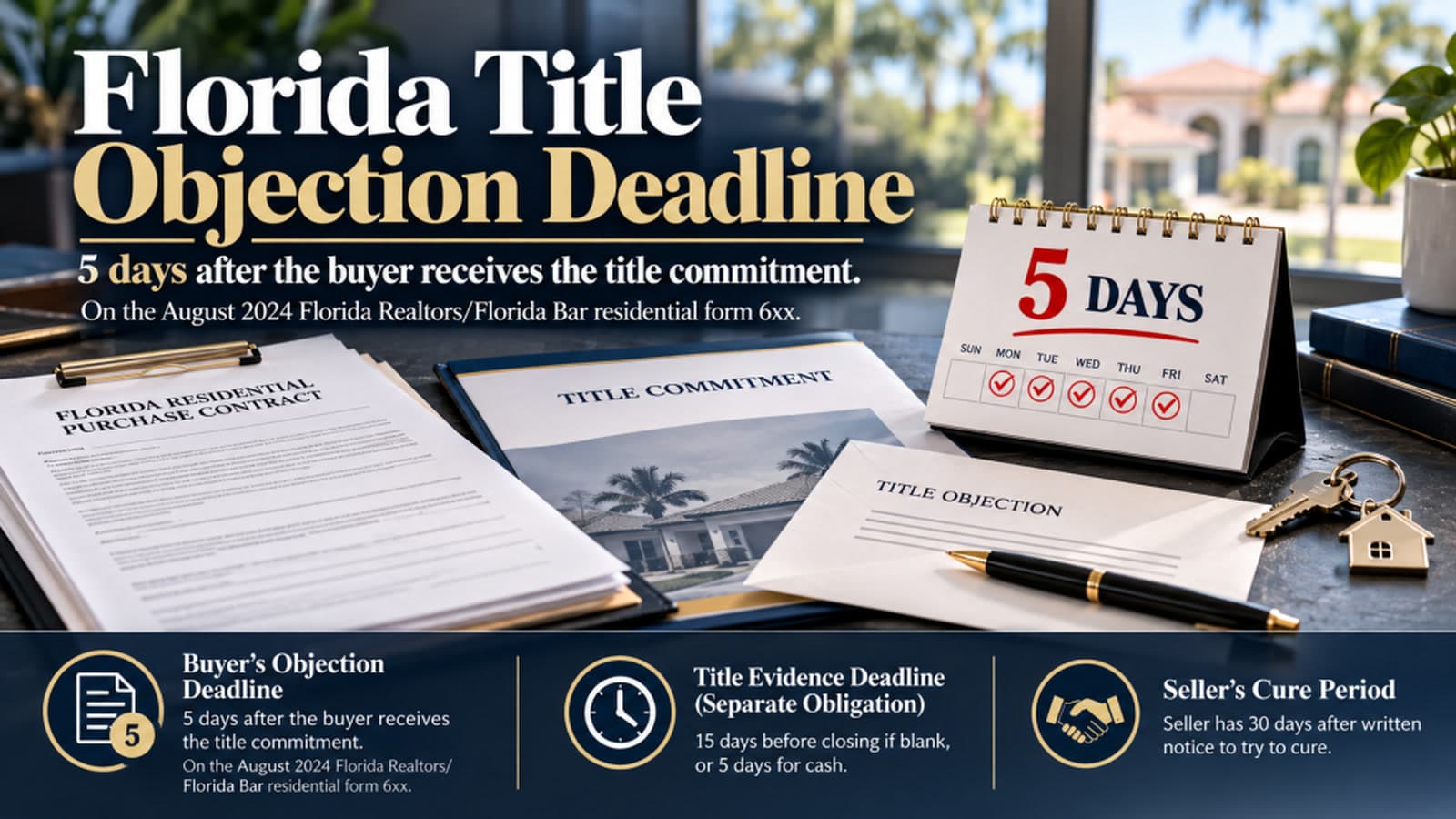 Desk graphic of a Florida title objection deadline, with a five-day calendar, a title commitment, and a title objection notice.
