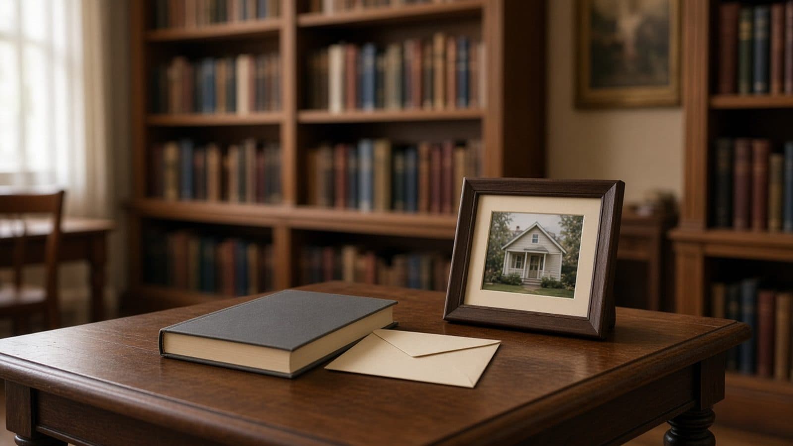 Afternoon library reading room with a framed house photo, a closed book, and a blank envelope