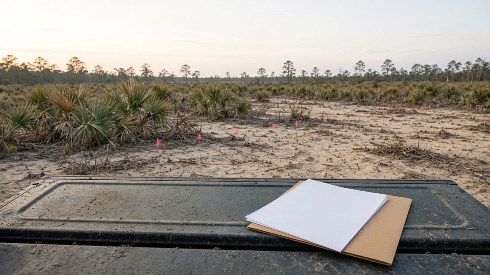 Vacant Florida lot marked with survey flags, with a blank page and folder on a truck tailgate