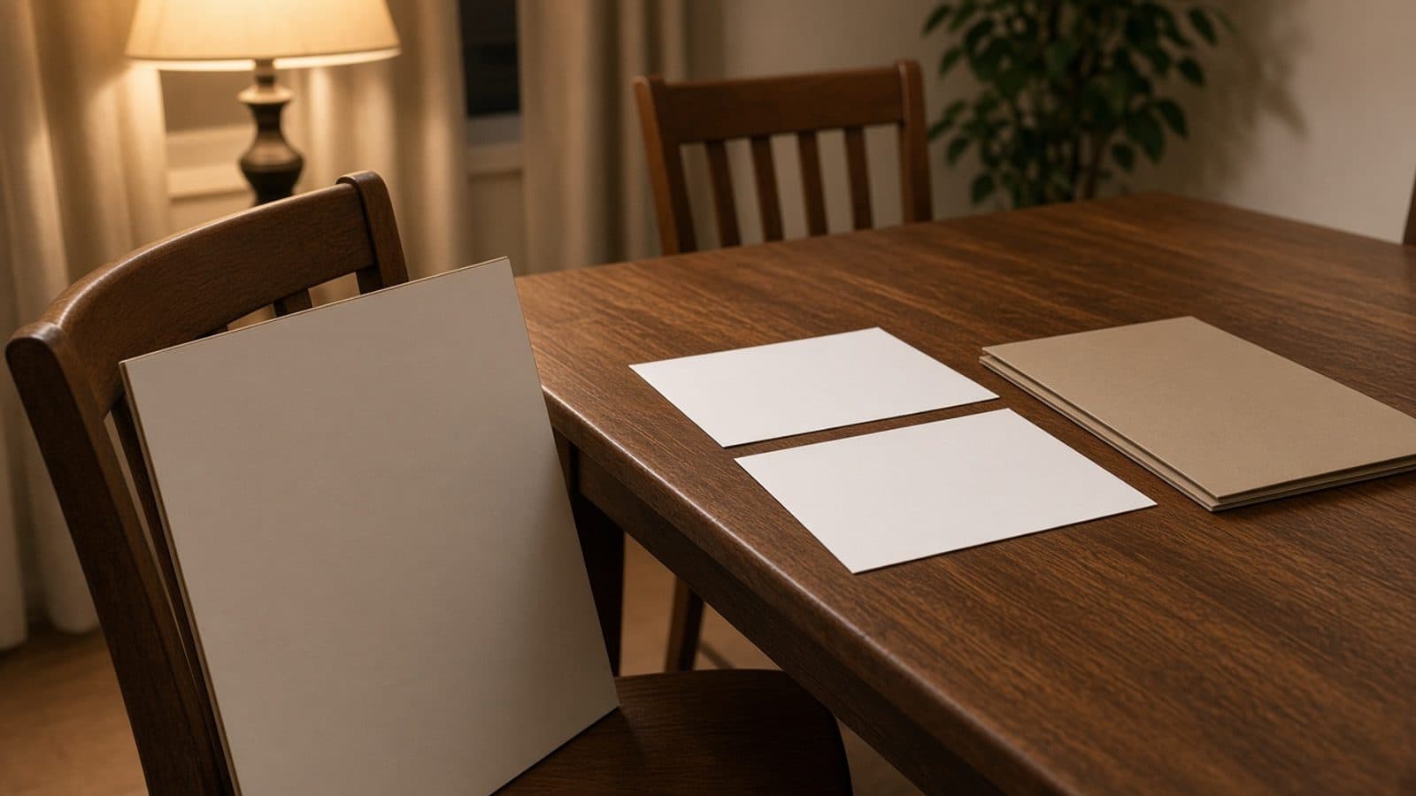 Evening dining table with blank pages, a closed folder, and the back of a sign on a chair