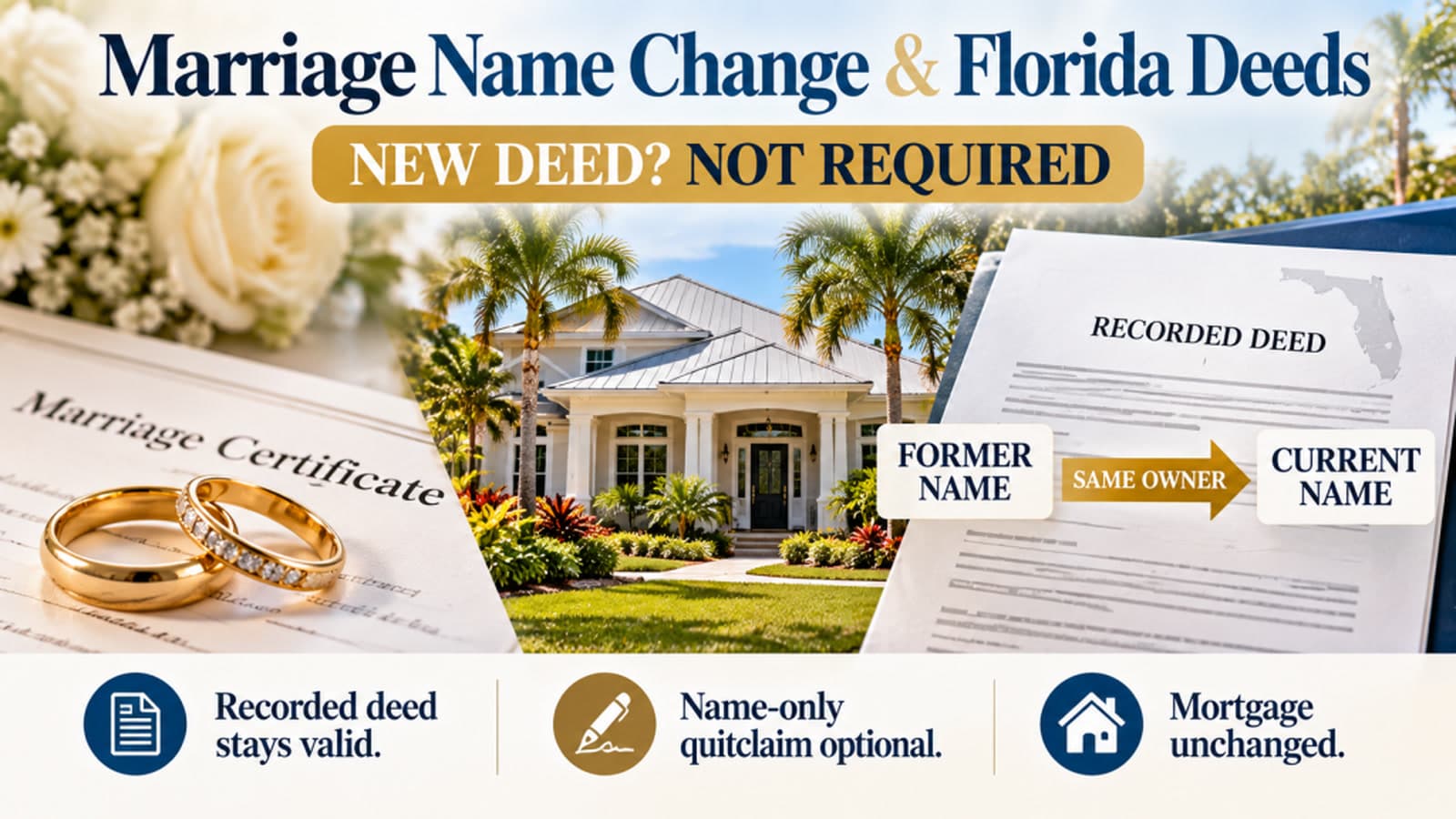 Graphic showing that a marriage name change does not require a new Florida deed, with a marriage certificate, house, and recorded deed.