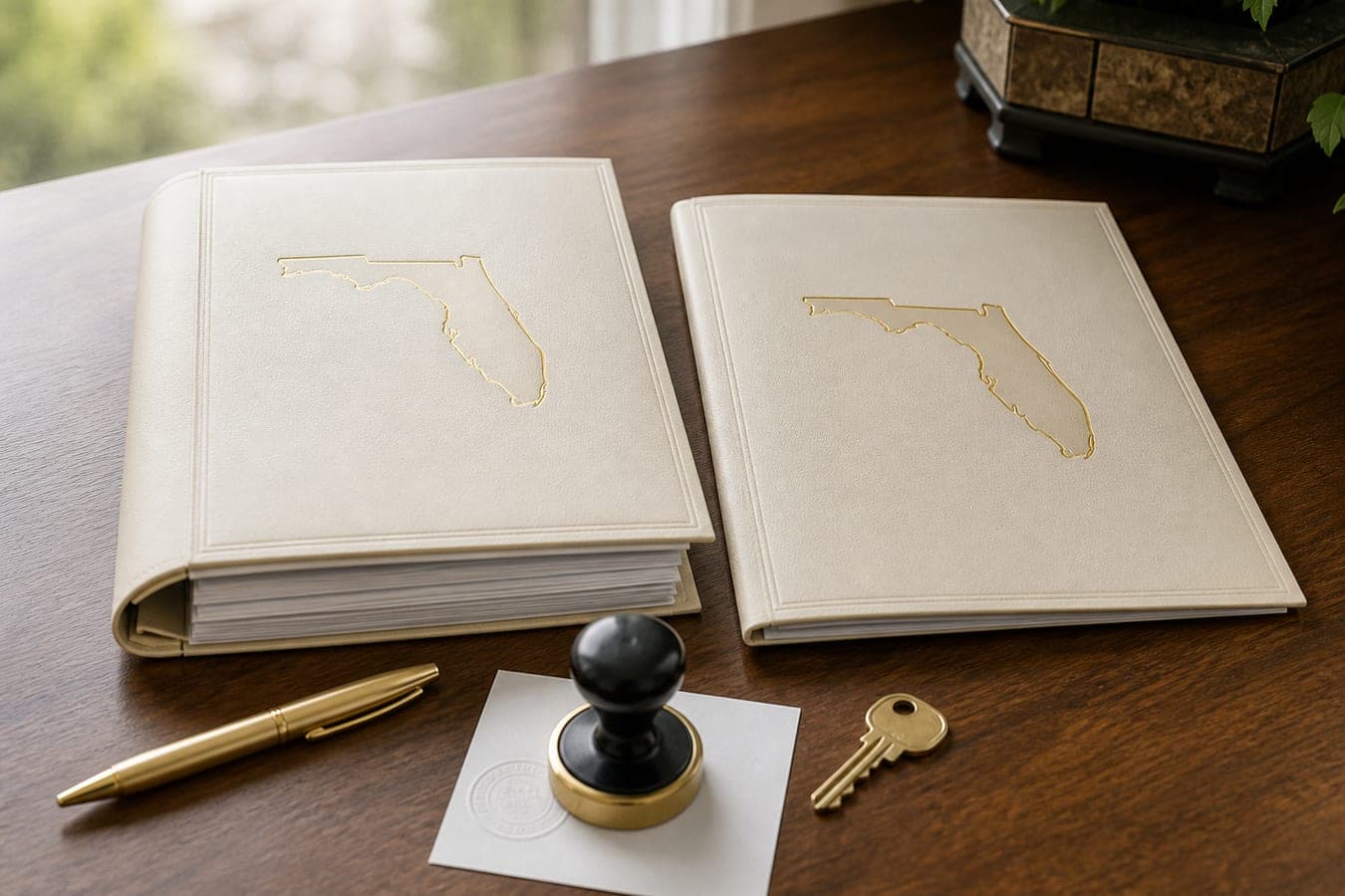 Two Florida deed folders on a title desk with a notary stamp and house key