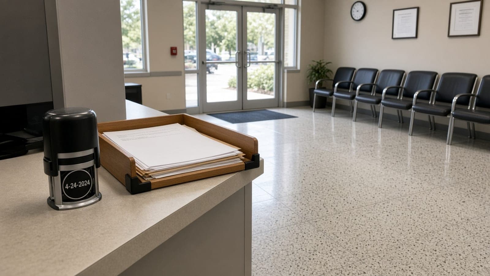 County clerk counter with a date stamp and document tray in a public lobby