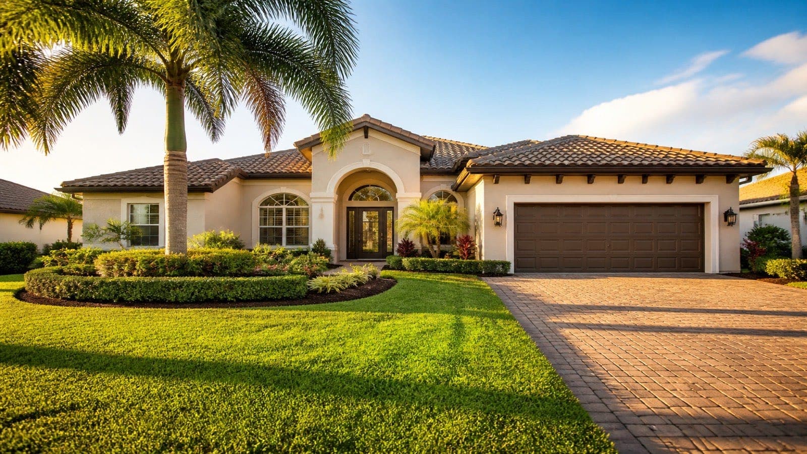 Sunlit Florida suburban home with a palm tree and driveway, representing a property protected by title insurance