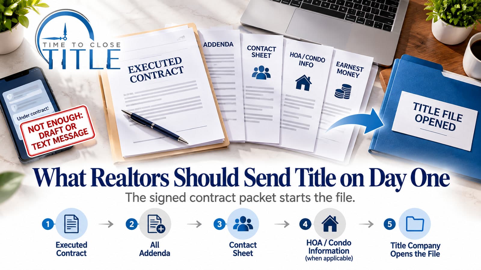 Time to Close Title graphic of the day-one title packet: the executed contract, addenda, contact sheet, HOA information, and earnest money