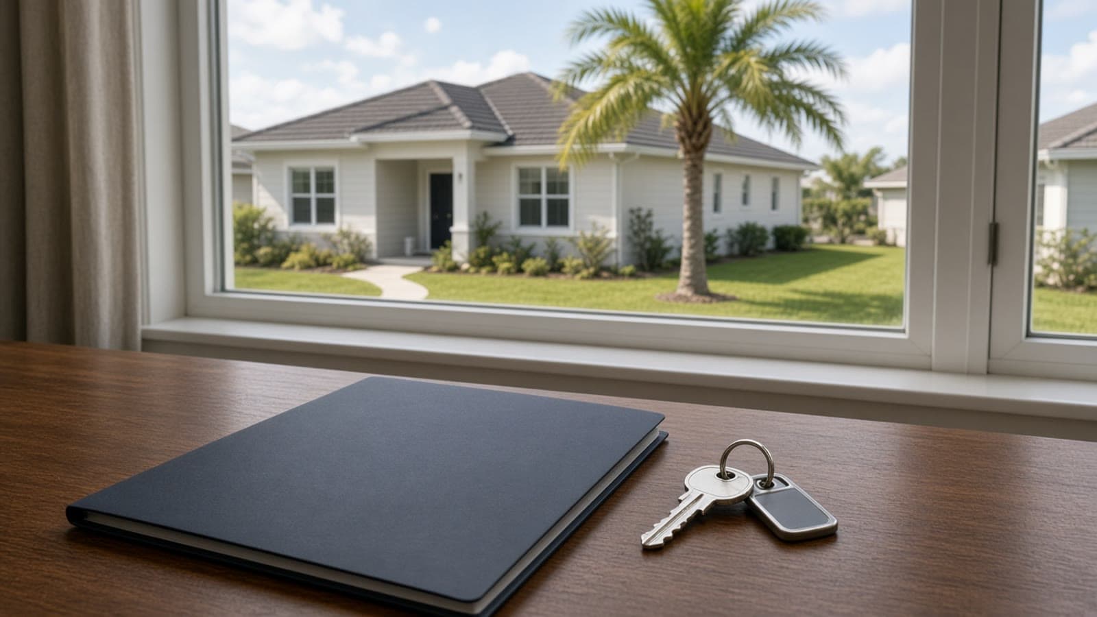 Title policy folder and house keys on a Florida title desk with a single-story home visible through the window