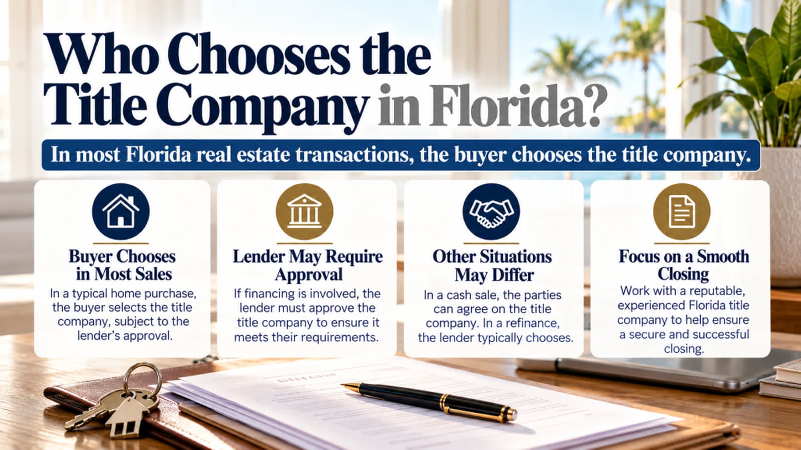 Desk graphic titled who chooses the title company in Florida, with cards for the buyer, the lender, other situations, and a smooth closing