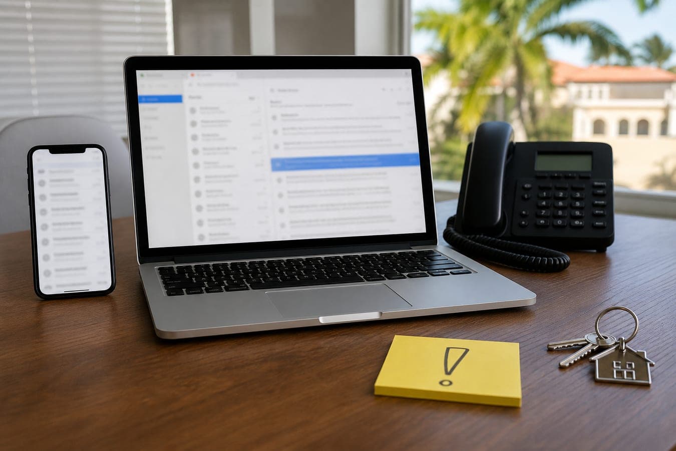 Phone and laptop on a desk used to verify Florida title company wiring instructions before sending money