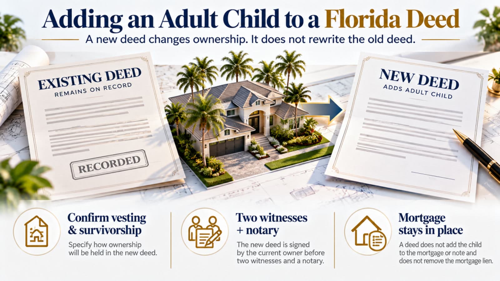 Graphic of a recorded Florida deed beside a new deed that adds an adult child, with the house between them.
