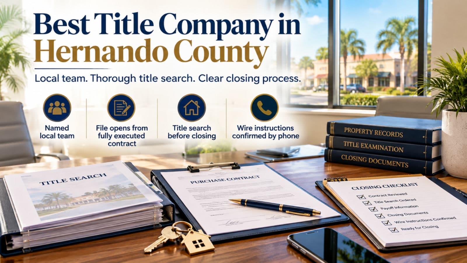 Desk graphic for the best title company in Hernando County, with the purchase contract, title search, and a closing checklist.