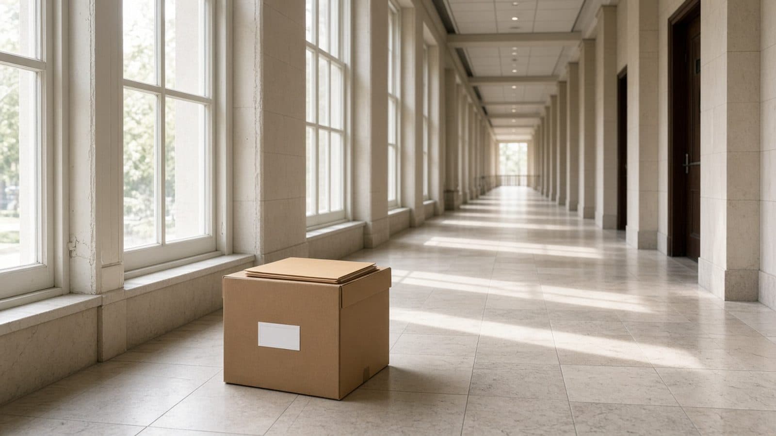 Midday courthouse corridor with a closed file box and a blank folder on a bench