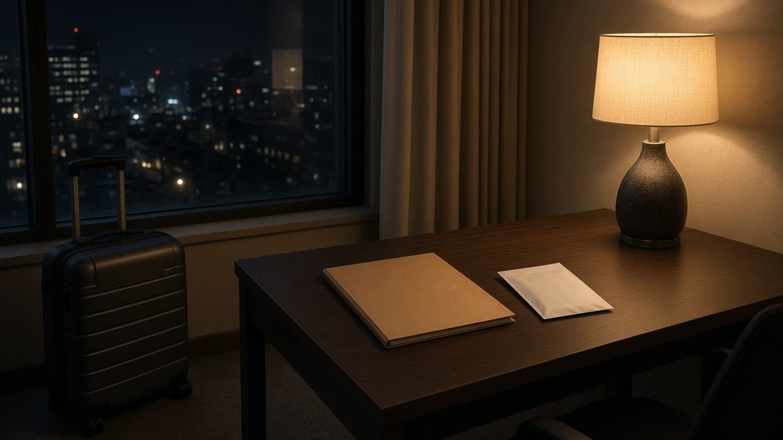 Hotel desk at night with a closed suitcase, a blank folder, and a blank envelope