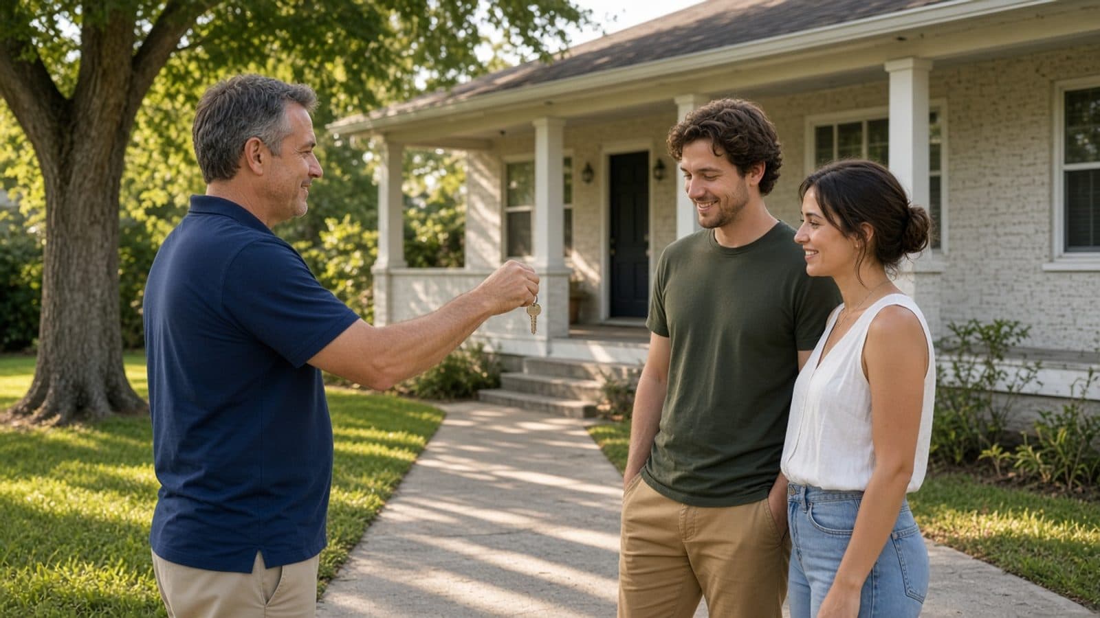 Late-afternoon front walk where a buyer receives house keys from an agent