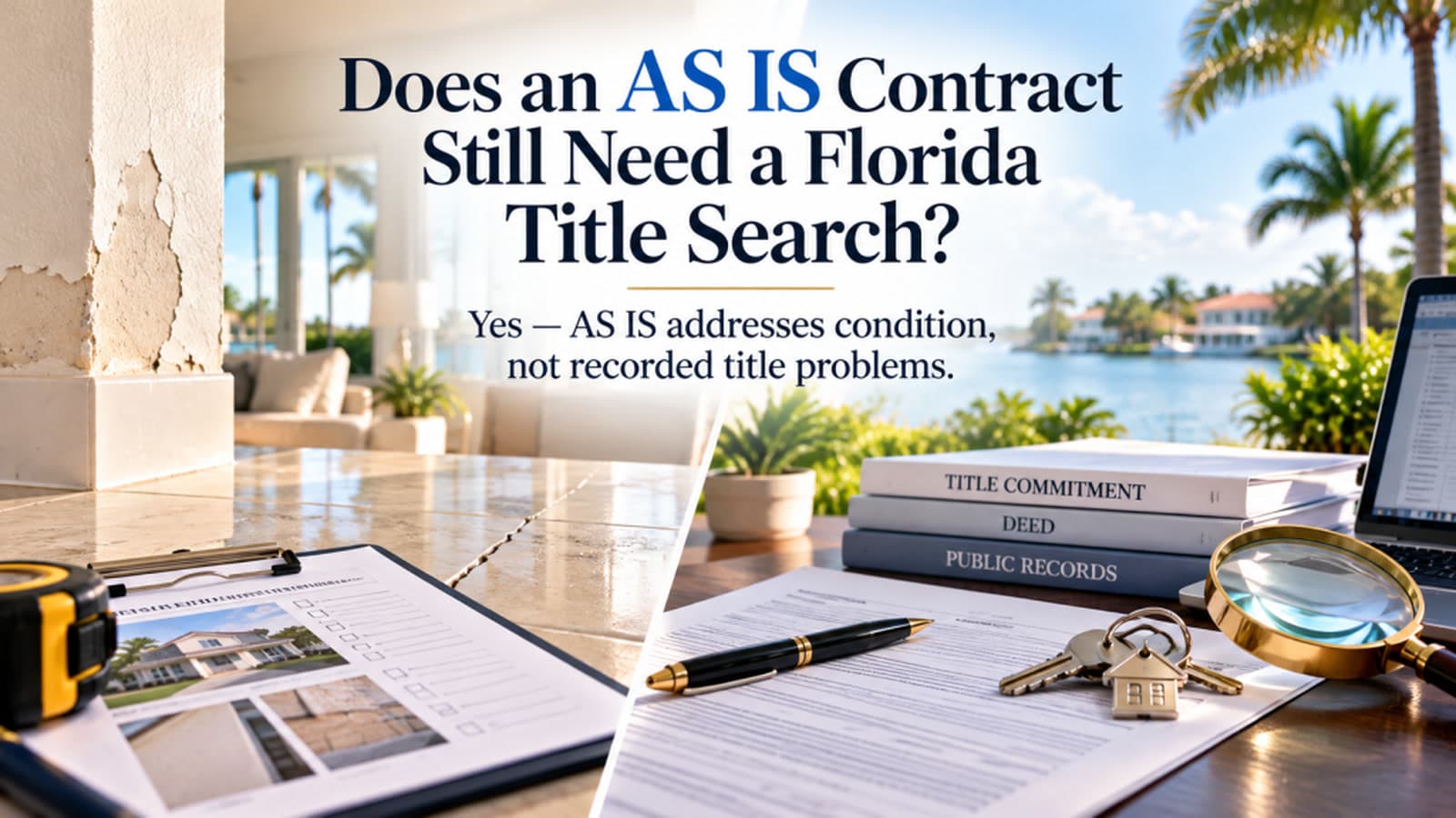 Split graphic of a house inspection on one side and a title commitment, deed, and public-records binders on the other