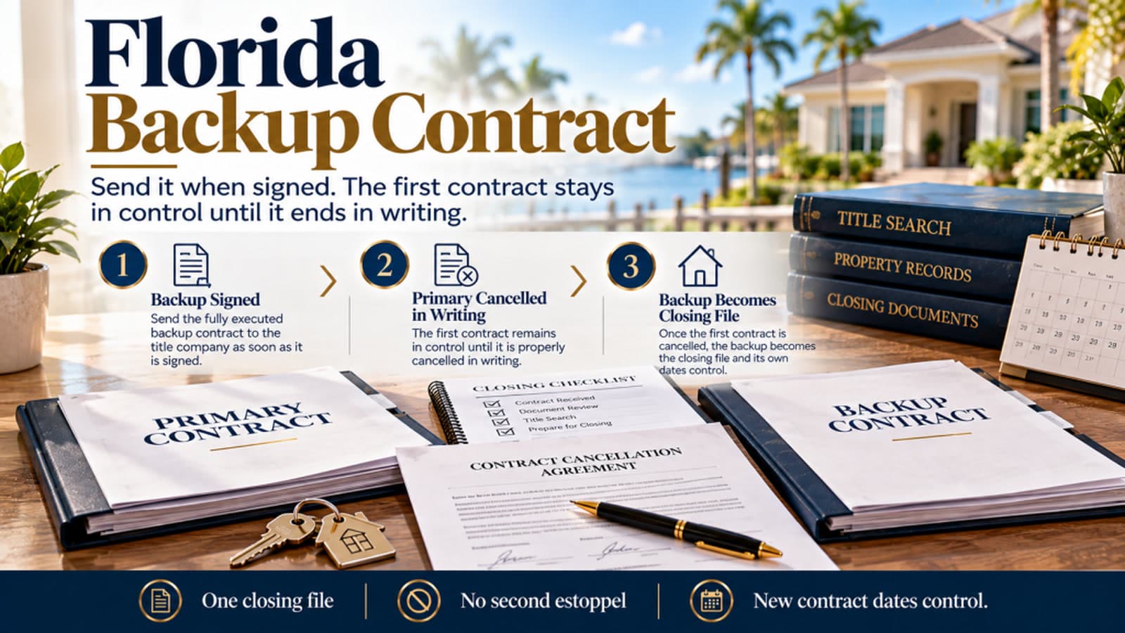 Desk graphic of a Florida backup contract beside the primary contract and a signed cancellation.
