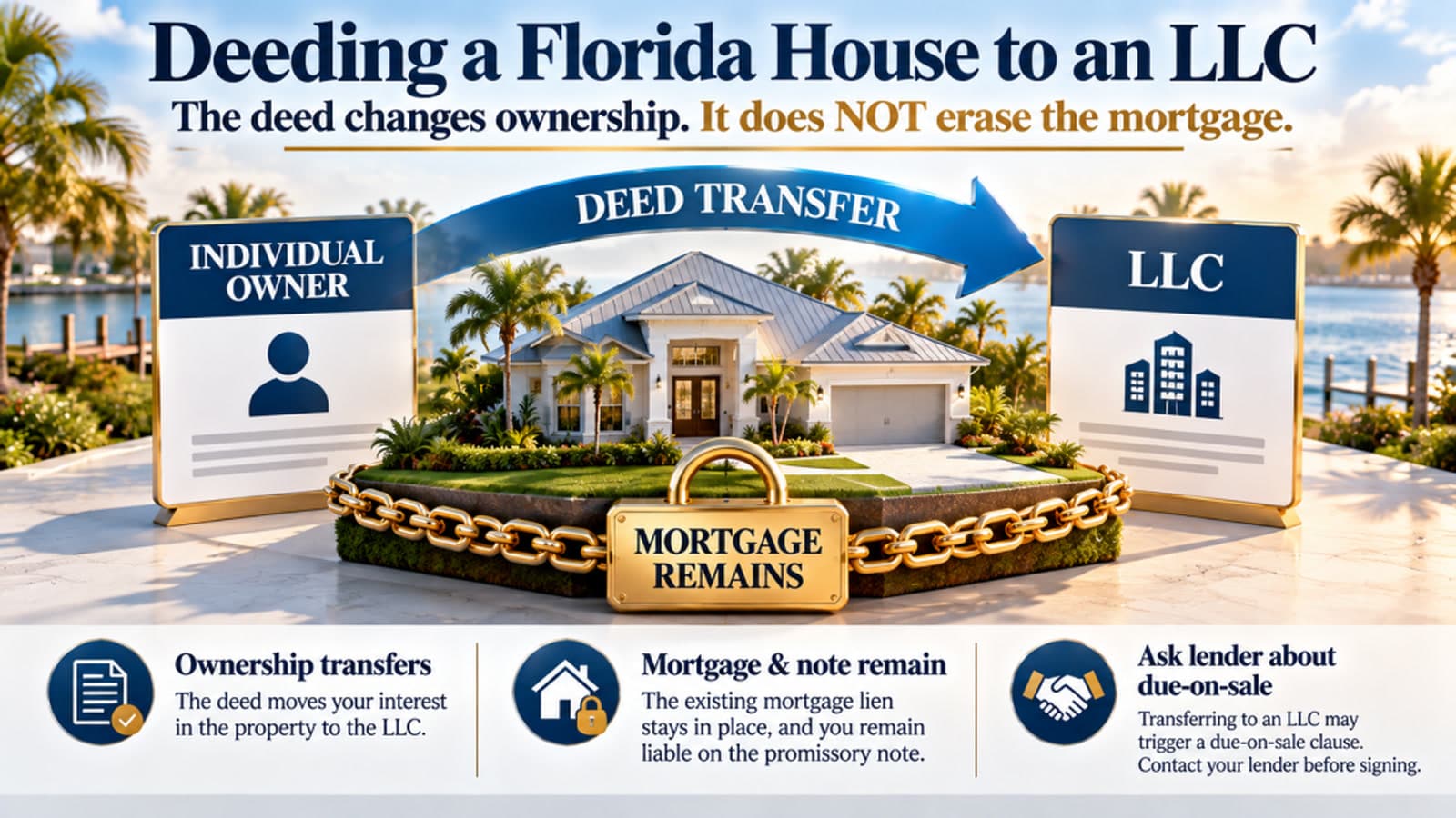 Graphic of a Florida house deeded from an individual owner to an LLC, with the mortgage still locked in place.