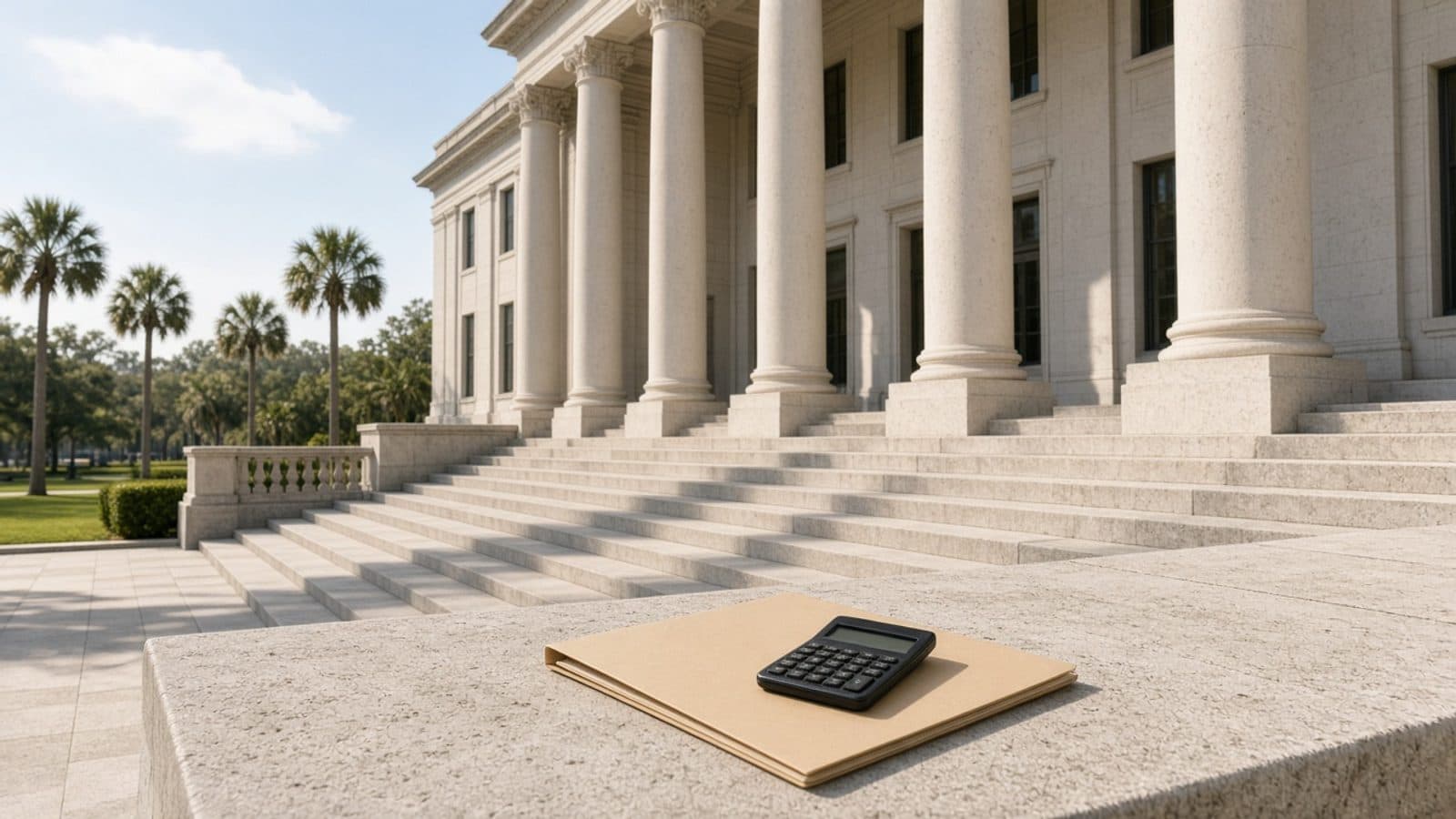 Morning Florida courthouse colonnade with a closed folder and a blank calculator on a stone ledge