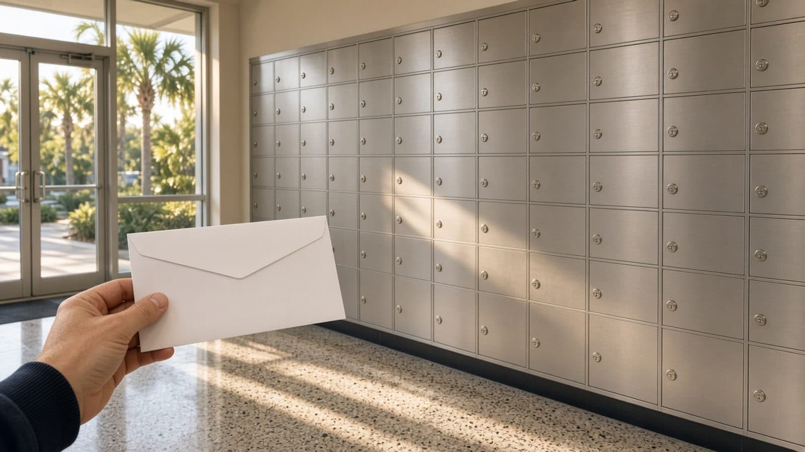 Hand holding a blank envelope in a Florida condominium lobby in front of unlabeled mailboxes