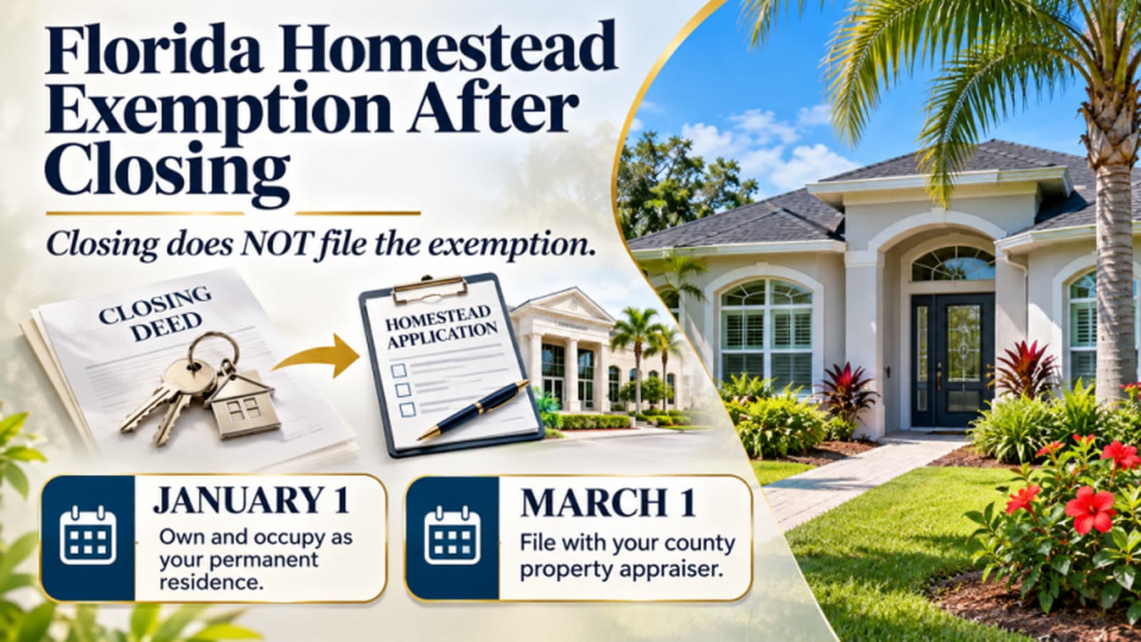 Graphic showing a Florida closing deed beside a homestead application, with January 1 and March 1 dates.