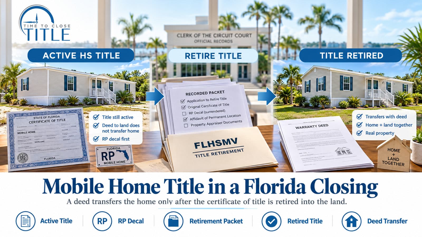 Time to Close Title graphic showing a Florida mobile home from an active HS title through retirement into the land and a later deed