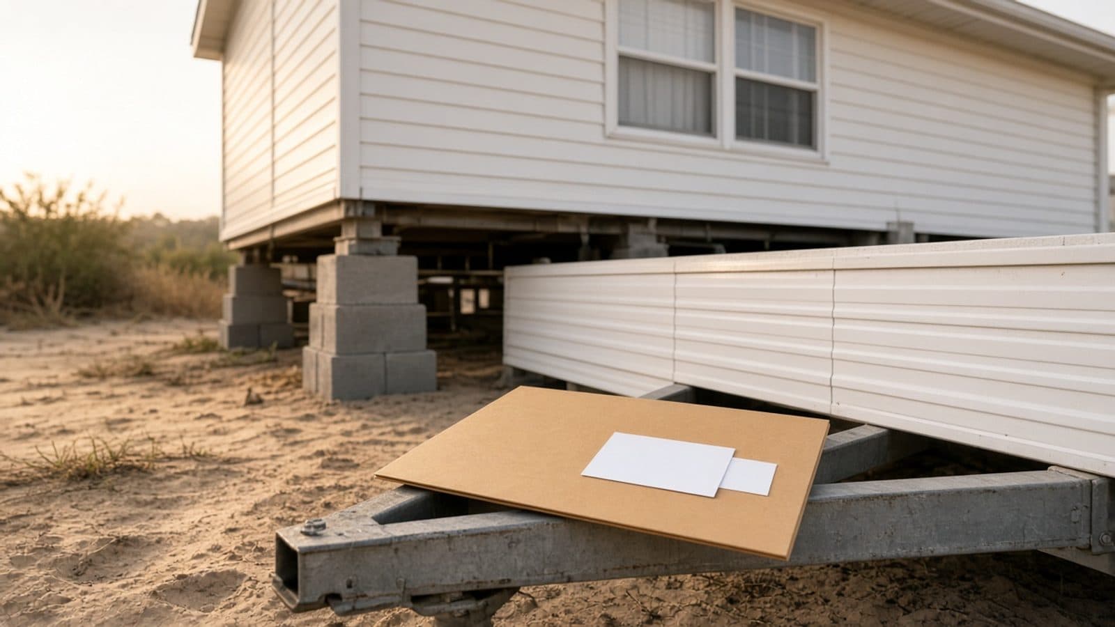 Manufactured home on piers on a sandy Florida lot, with a closed folder and a blank card on the hitch