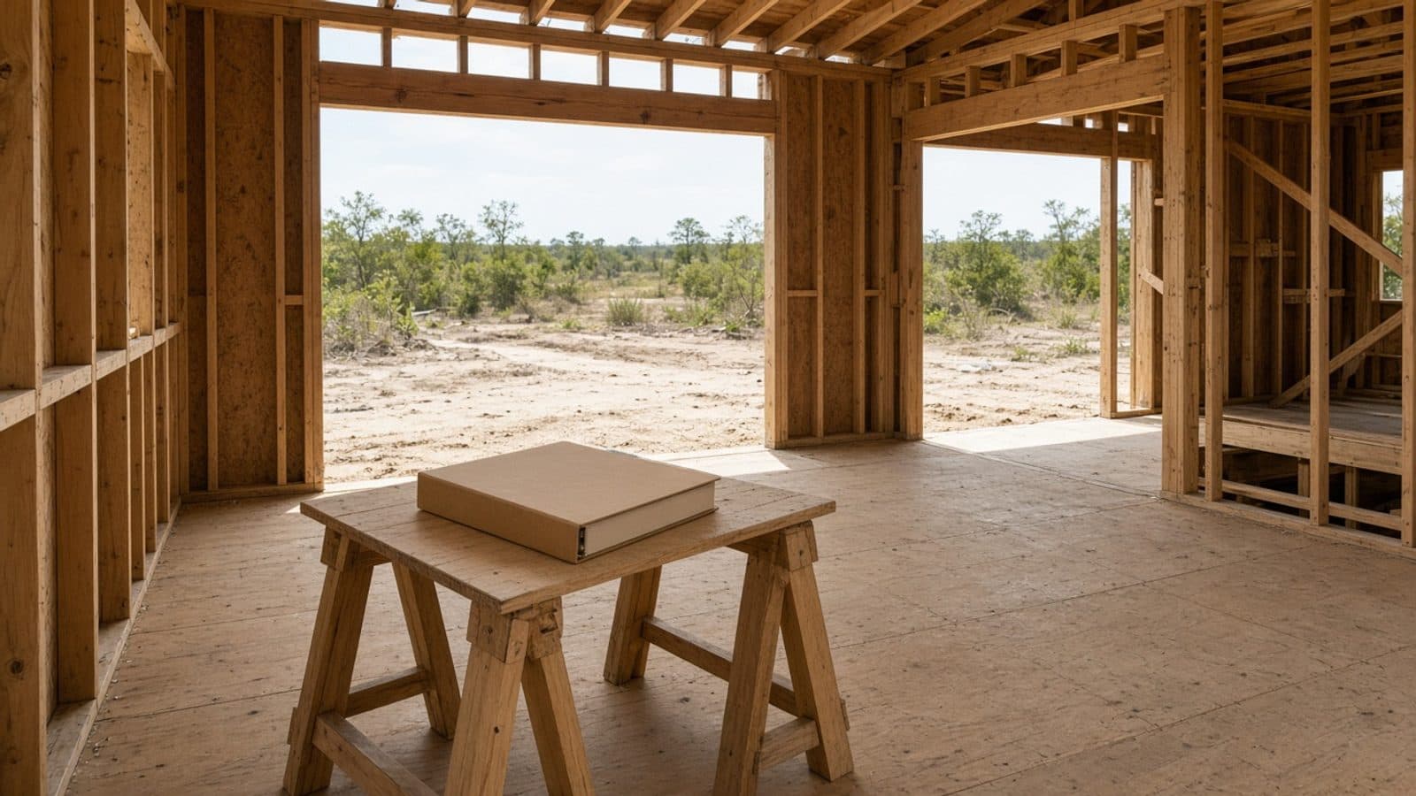 Unfinished wood-framed Florida house with a closed binder on a sawhorse and open studs