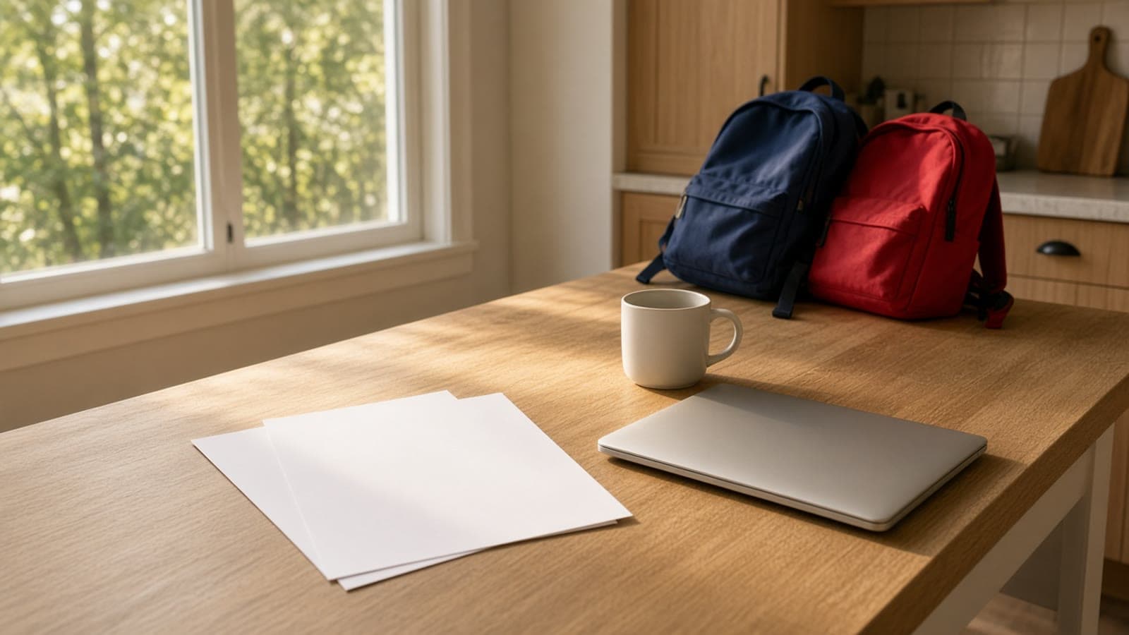 Late-afternoon kitchen island with blank pages, a closed laptop, and two backpacks