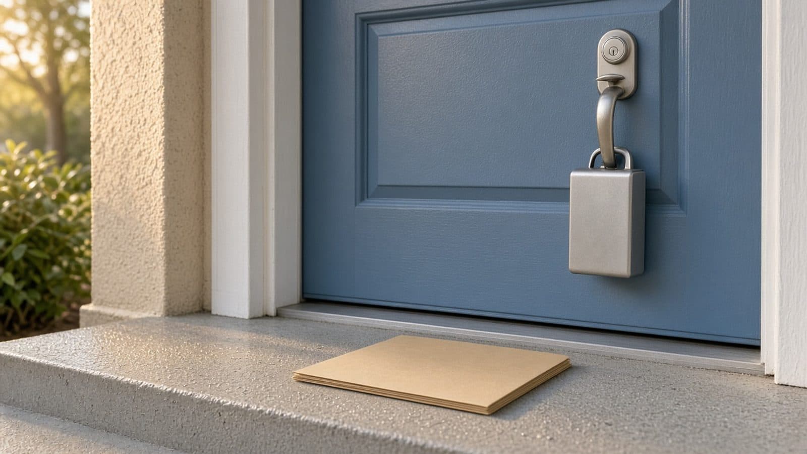 Early-morning front stoop with a plain lockbox on a blue door and a blank folder on the step