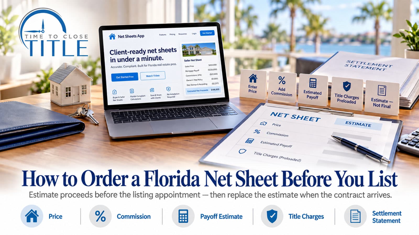 Time to Close Title graphic for ordering a Florida net sheet, with price, commission, estimated payoff, preloaded title charges, and the settlement statement