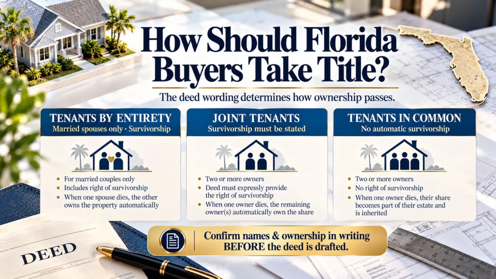 Graphic comparing tenants by the entirety, joint tenants, and tenants in common for a Florida deed.