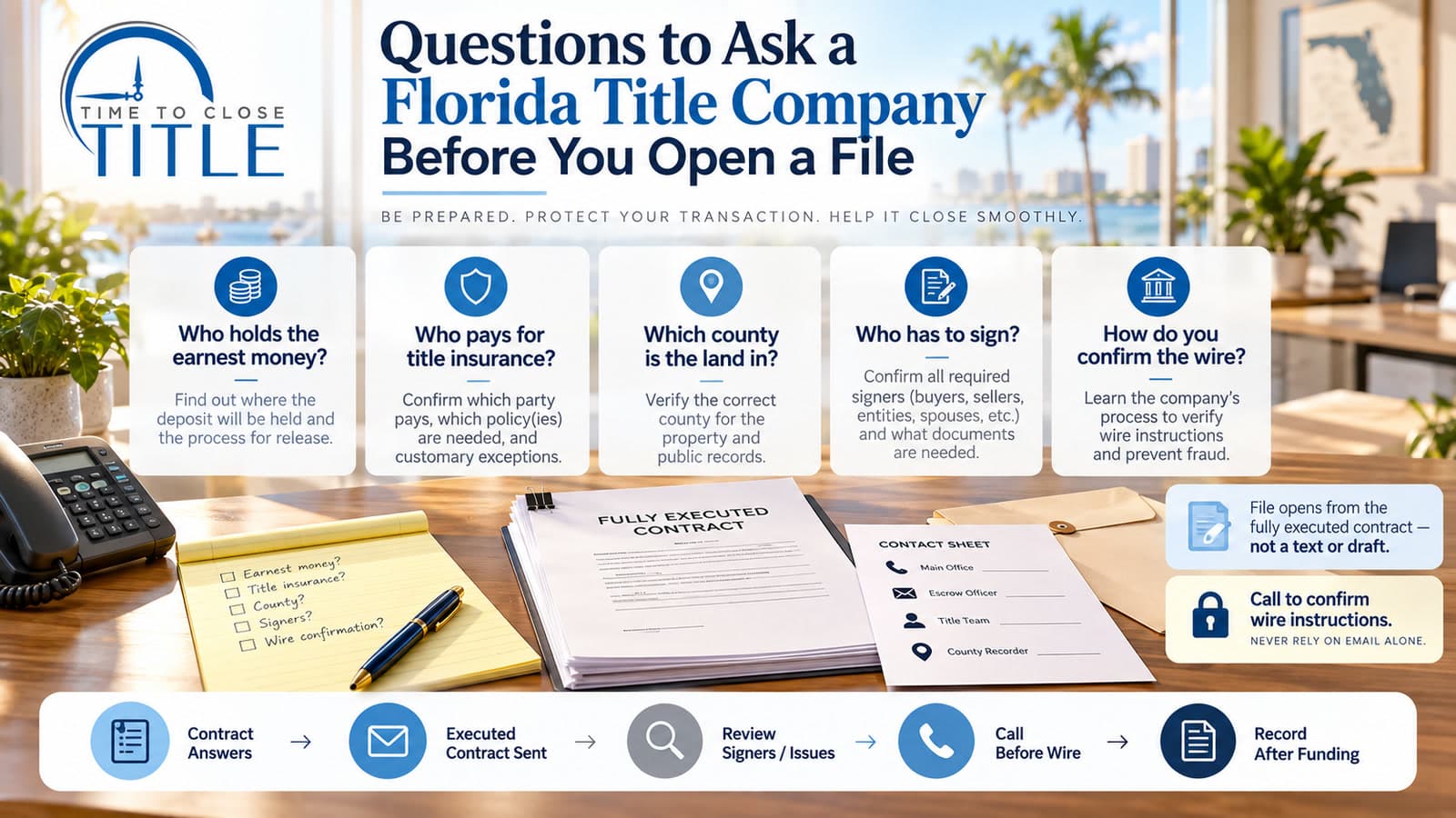 Desk graphic of five questions to ask a Florida title company, with an executed contract and a contact sheet