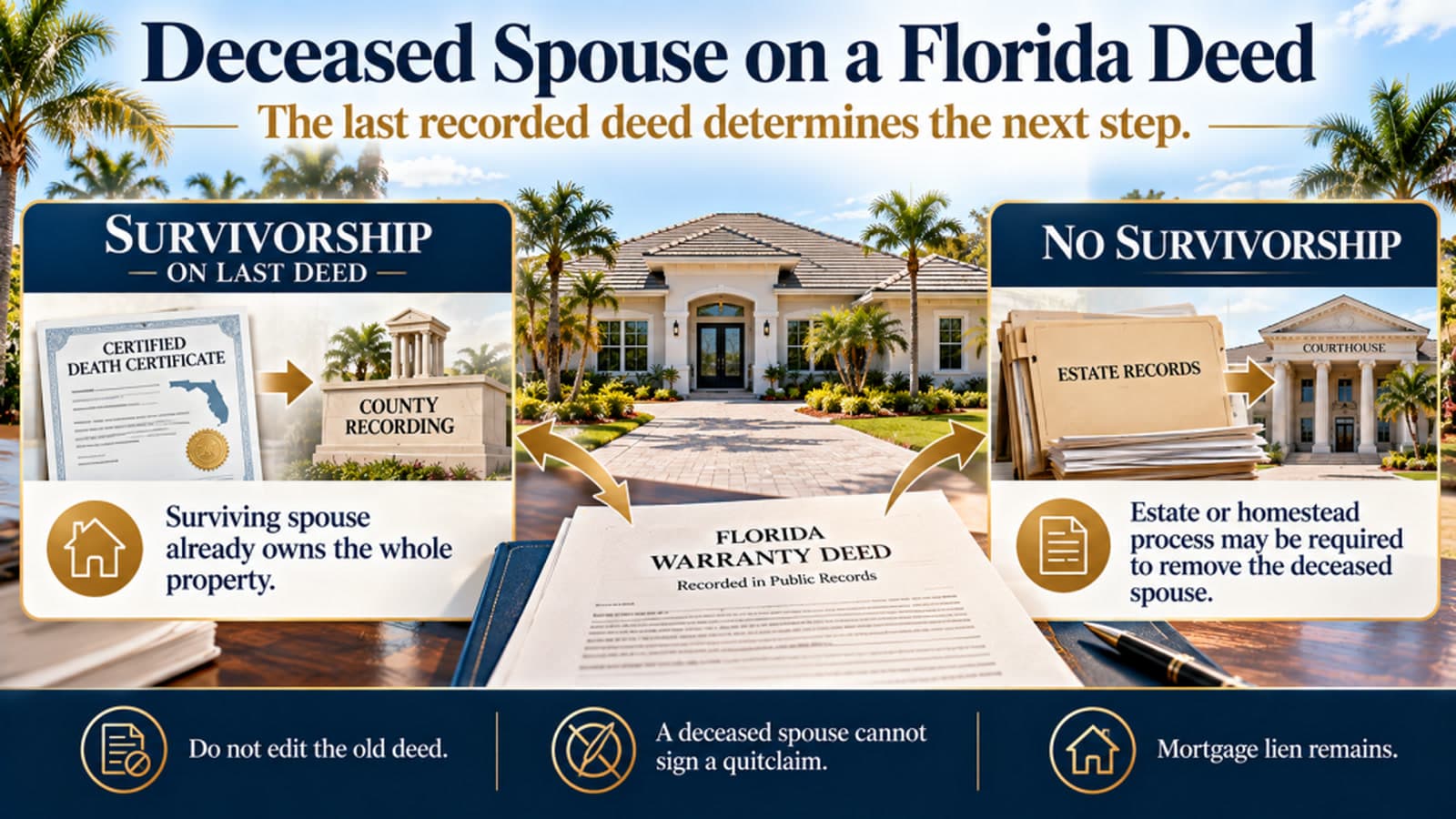 Graphic comparing survivorship and no-survivorship paths for removing a deceased spouse from a Florida deed.