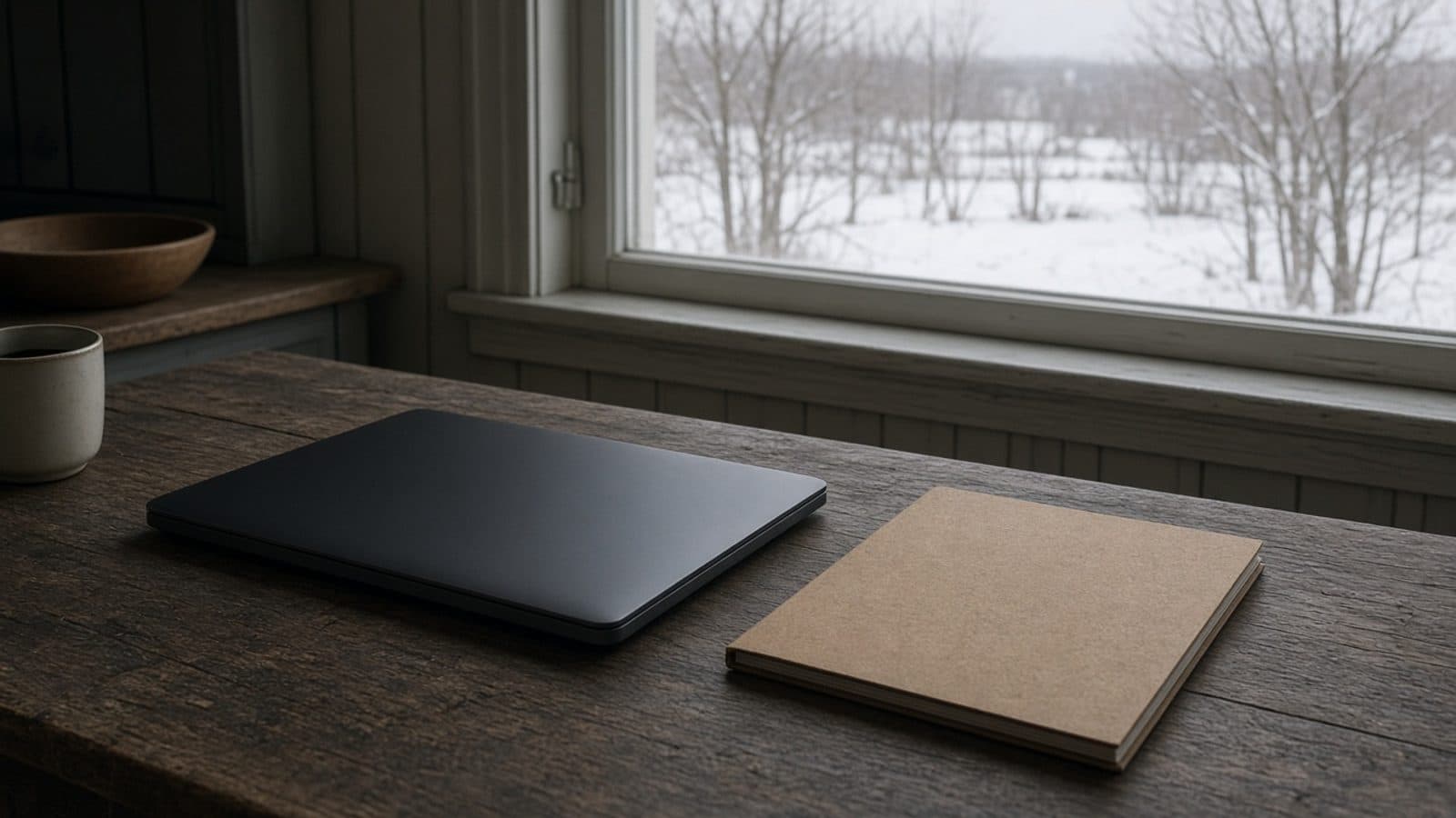 Northern kitchen table in winter with a closed laptop and a blank folder, snow visible through the window