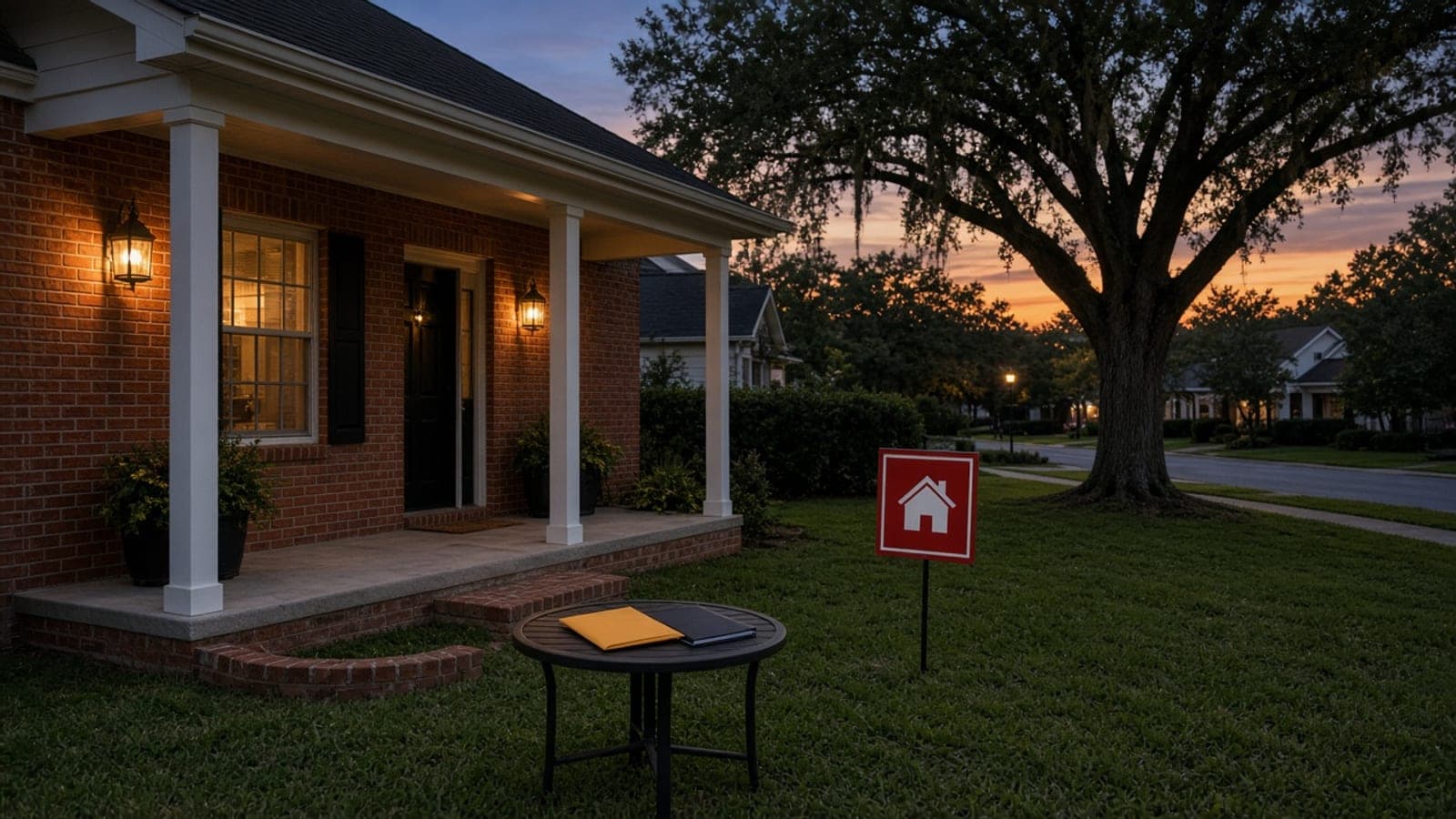 Dusk on a Florida brick porch with a sold-style yard sign and a cash-sale envelope on an outdoor table