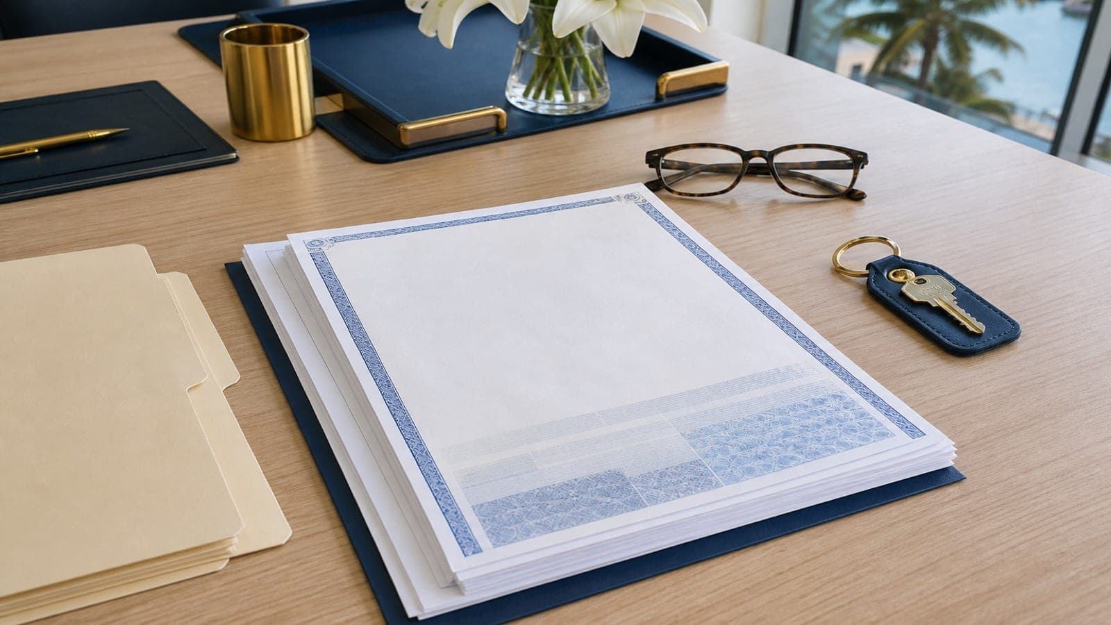 Title documents and a folder on a Florida title desk during a premium and search review