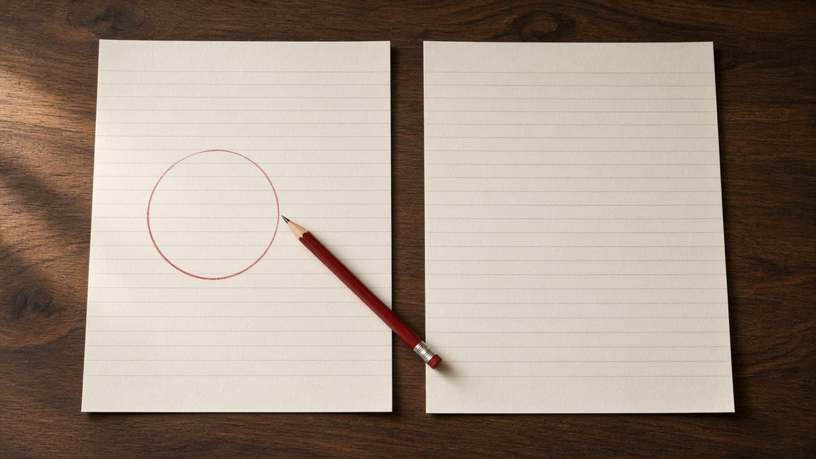 Two blank lined pages on a dark desk, one marked with a red circle and a red pencil