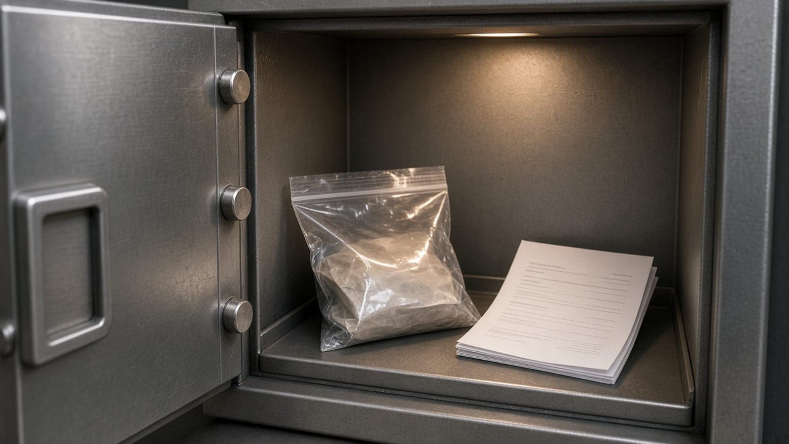 Open office safe holding a sealed deposit bag and a wire-confirmation printout